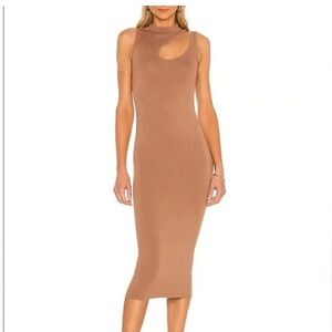 Worn ONCE Camila Coelho One-Shoulder Ribbed Maxi Dress in Mauve Tan